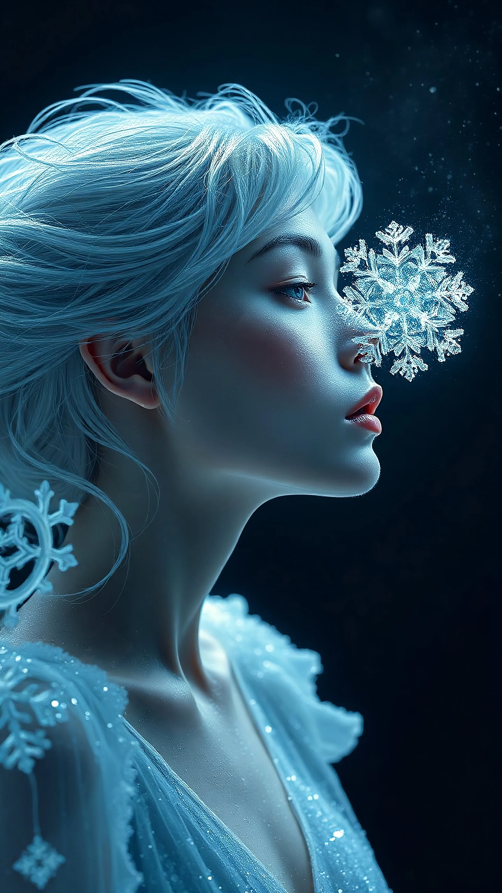 Close-up portrait of an ethereal ice fairy with frost-covered skin, exhaling a breath of magical ice particles that form an intricate snowflake sphere, floating in mid-air. Her hair appears to be made of delicate icicles, and she's wearing a translucent gown that sparkles like fresh snow. Set against a clean, minimalistic dark background with a soft, cool-toned backlight creating a luminous halo effect around her silhouette. Digital art style, high details, photorealistic, magical atmosphere