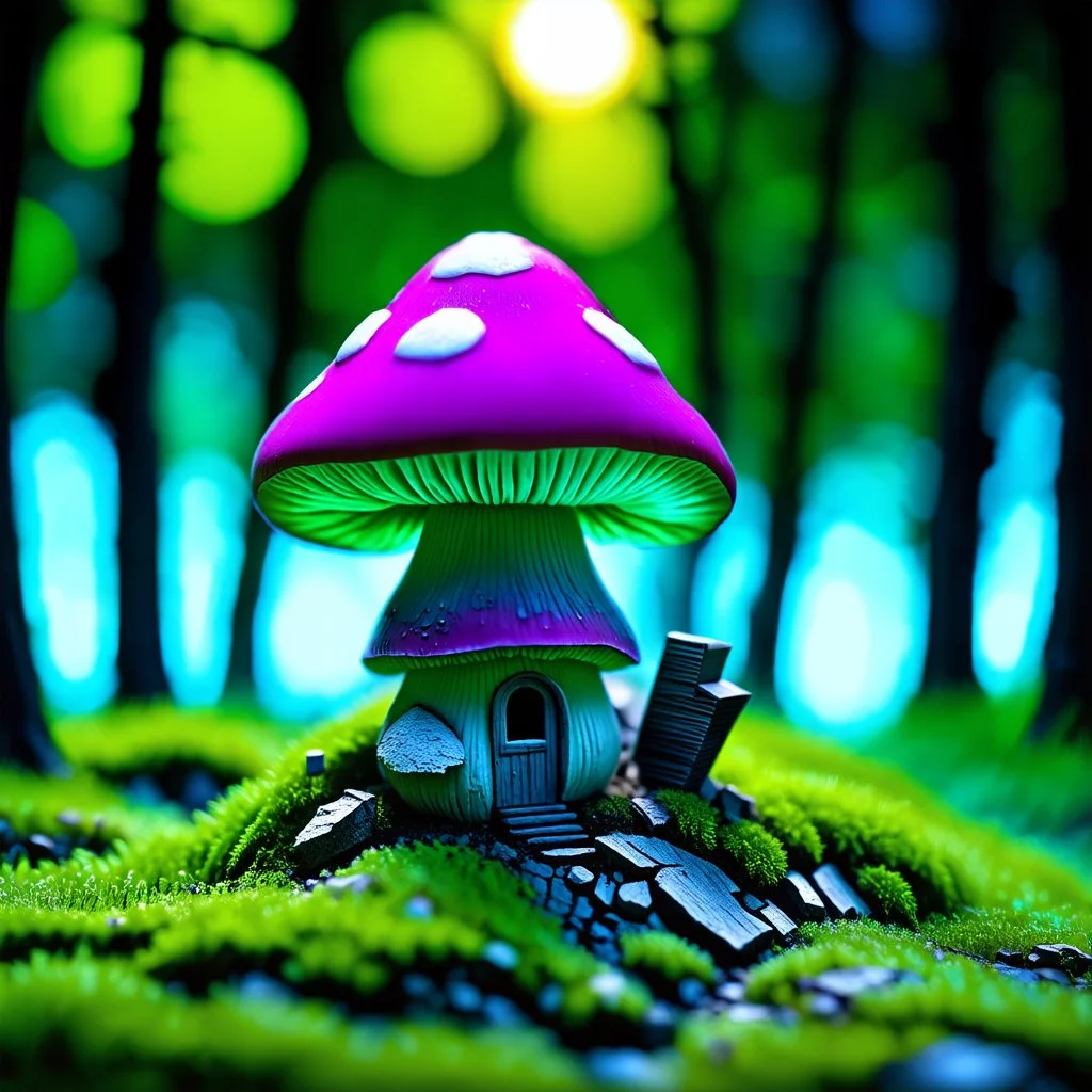 "Close up of a wonderful tiny Mushroom Tower home. Magenta and green with bright white, deep black and contrasting tones of gray magenta and violet colors. Illuminated bioluminescent forest. Professional painter, master at composition. small but detailed. broken, blurred background, voluminous lighting"