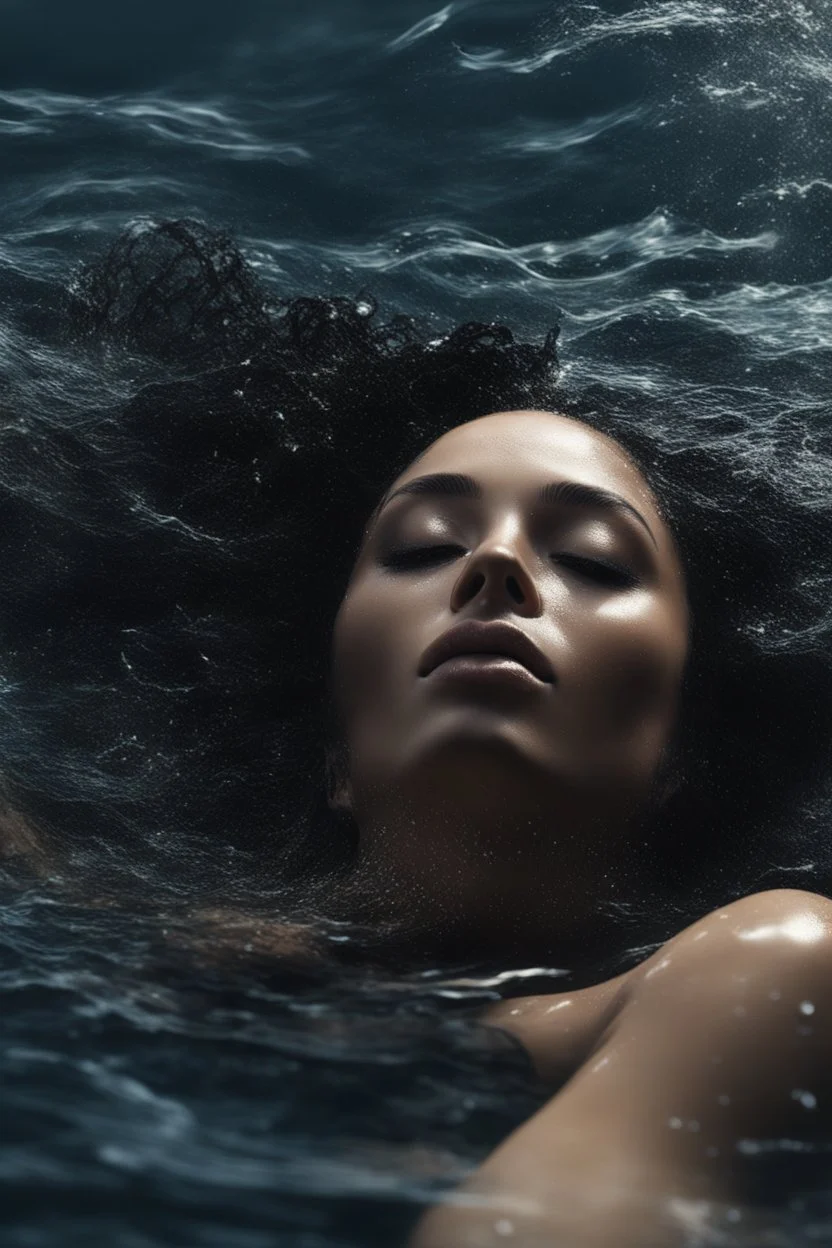 a beautiful woman, long curly black hair,closed eyes,coming from beneath the water,braking the surface with her face just coming out the water,looking up symbolism for breaking free. realistic,8k quality, action close shot from areal view,highly detailed , chaos 80