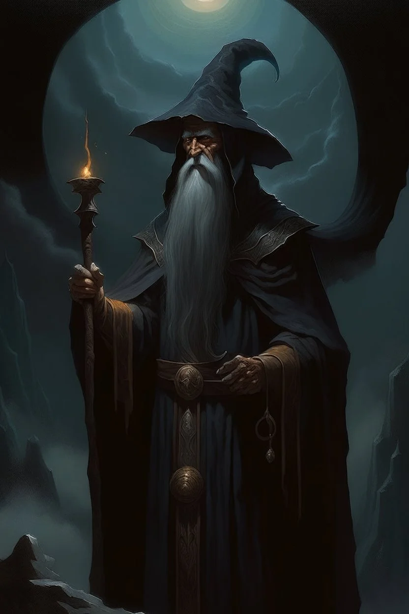 1970's dark fantasy cover dnd style oil painting of a wizard with minimalist far perspective