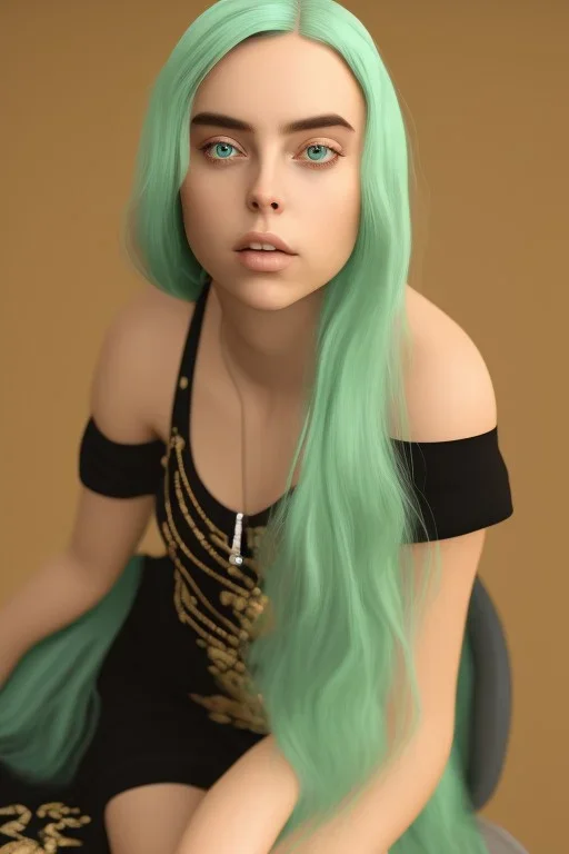 Billie Eilish, sitting on a chair, Black Short Dress, high detail, realistic, 8k