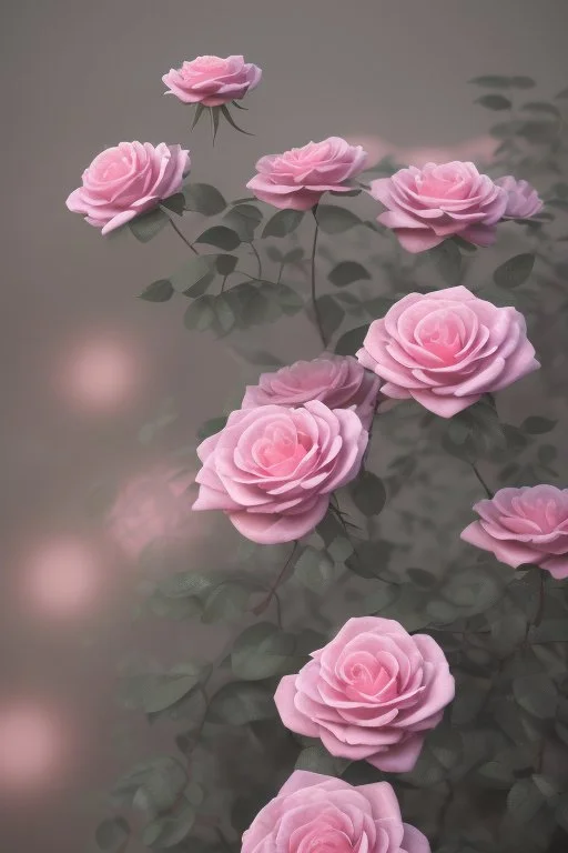 52. oil, a bush of delicate pink roses, a plant ultra-detailed, morning, rain, beautiful landscape, fog, many details, delicate sensuality, realistic, high quality, 3d, a work of art, hyperdetalization, filigree, hazy haze background, hyperrealism, professional, transparent, delicate pastel tones, back lighting, contrast, fantastic, unreal, translucent, glowing, clear lines, epic fabulous, fabulous landscape, hyperrealism