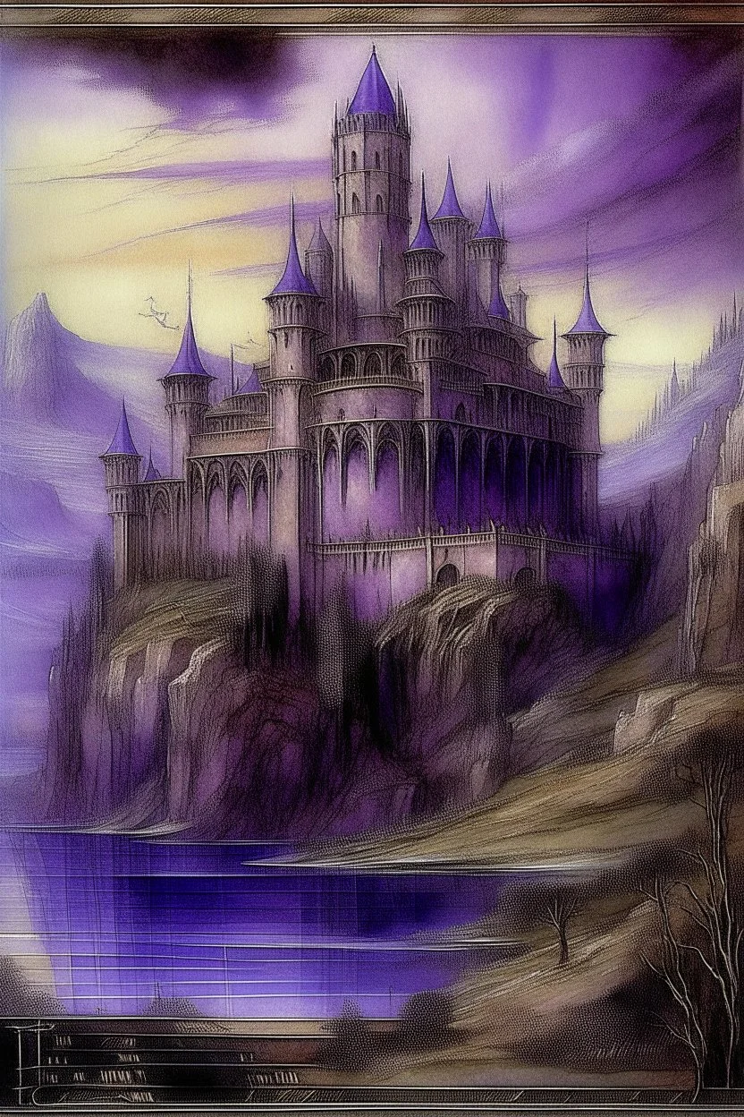 A violet castle of mystery painted by Leonardo da Vinci