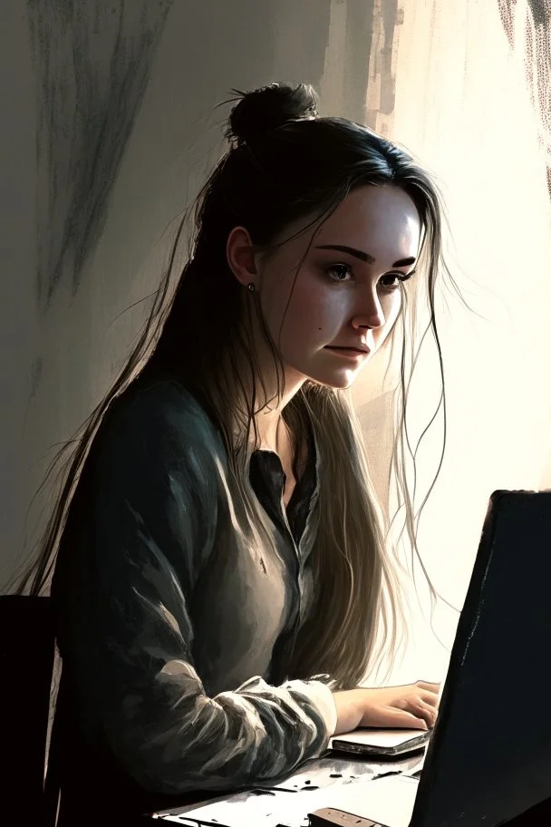 the girl is sitting at the computer