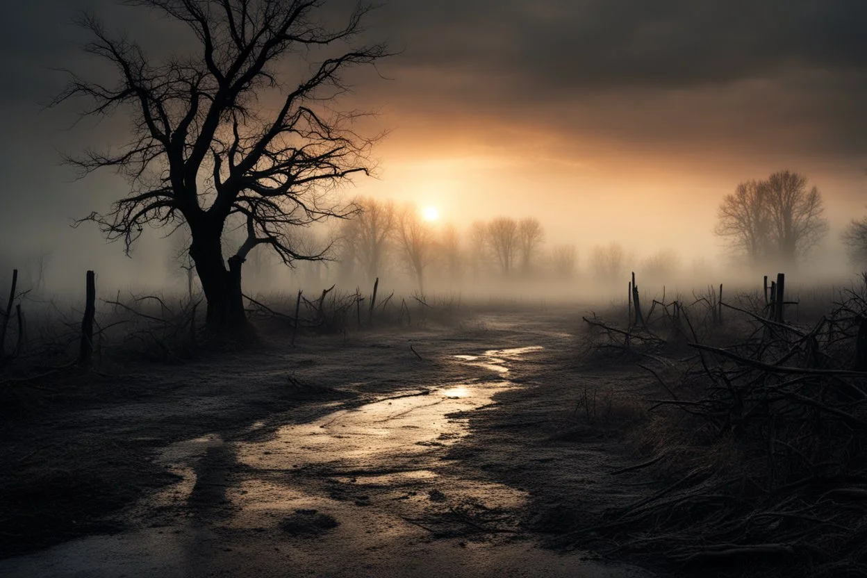 a dirty iced road next to a tree on a foggy day, depressive moody sunset background, dry tree branches scattered in mud, dark swamp, snowy land, doom and gloom, grey clouds, snow dawn, snowy landscape, dramatic matte painting, melancholic mood