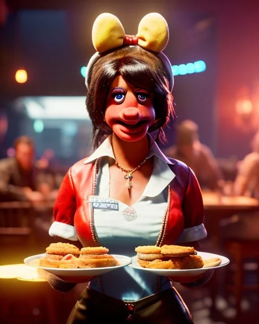 waitress woman with muppet mask that covers her entire head, concept art, retro style, smooth, unreal engine 5, god lights, ray tracing, RTX, lumen lighting, ultra detail, volumetric lighting, 3d.