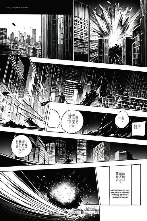 explosion in city, manga page, greyscale