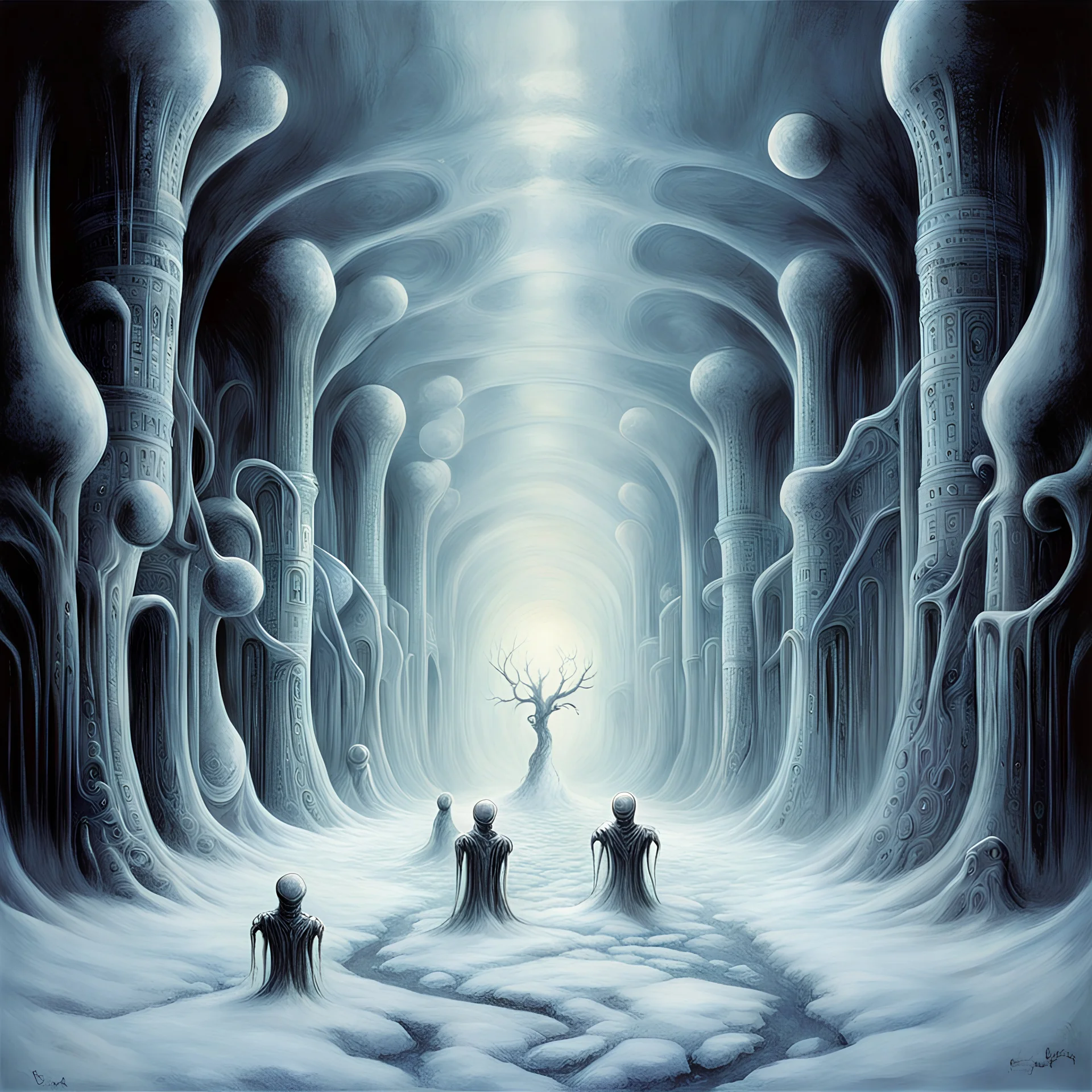 A Gallery of surreal snowman sentinels, Infinity Stretch of sinister snowman lining an alien winter hall, by H.R. Giger, biomechanics, the ice chamber, dark colors, by Stephen Gammell, by Dave Kendall, colorful, horror surrealism, weird winter-scape, primary cold colors, smooth