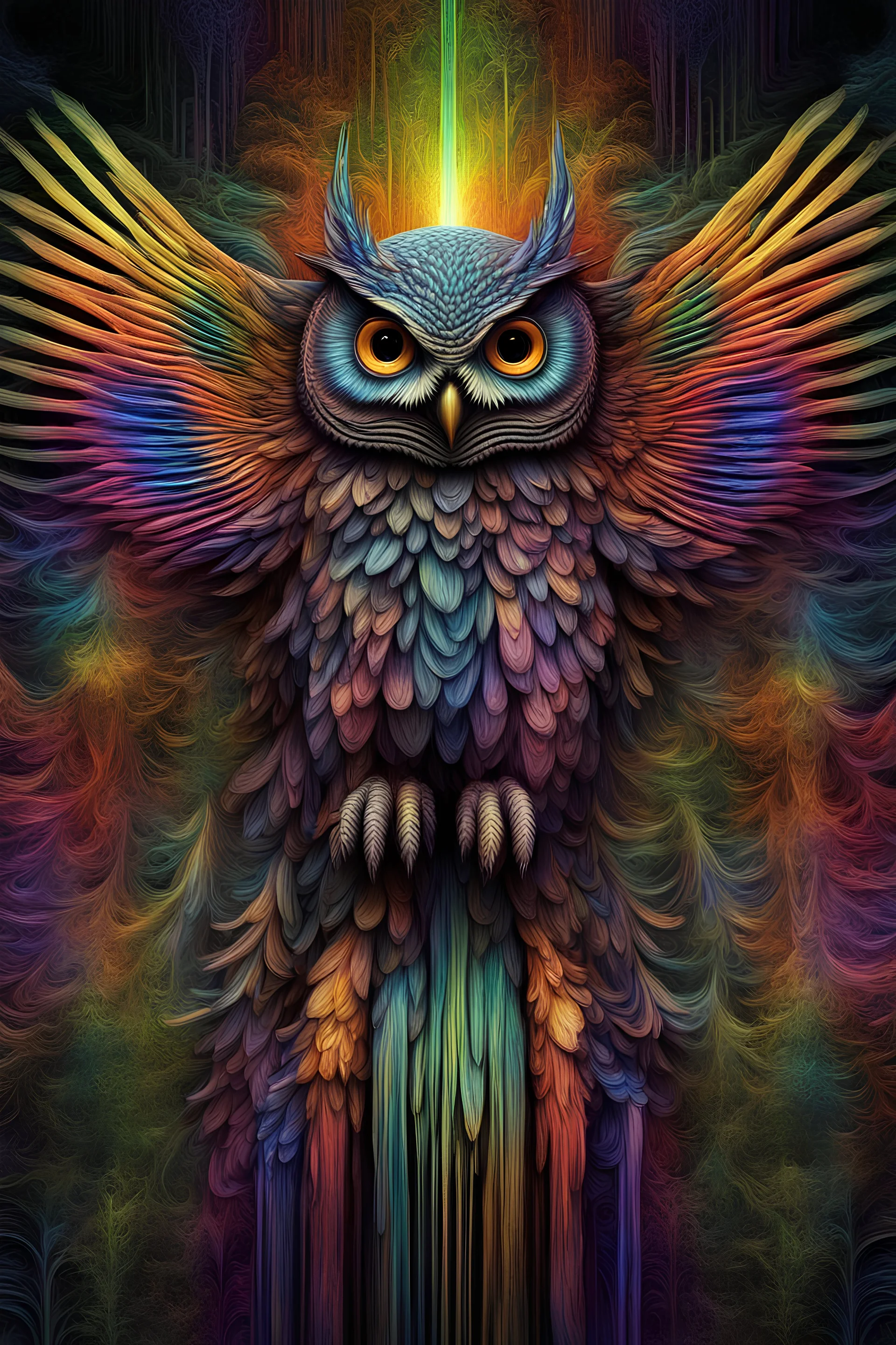 3d rainbow flying owl, mystical, full image, with vivid detailed amazing eyes, brighr fractal colors, hyperdetailed, h.r. giger, egyptian, fantasy, Metaphorical Realism, electric feathered effect Abstract line art, deep cut 3D effect, in an enchanted forest