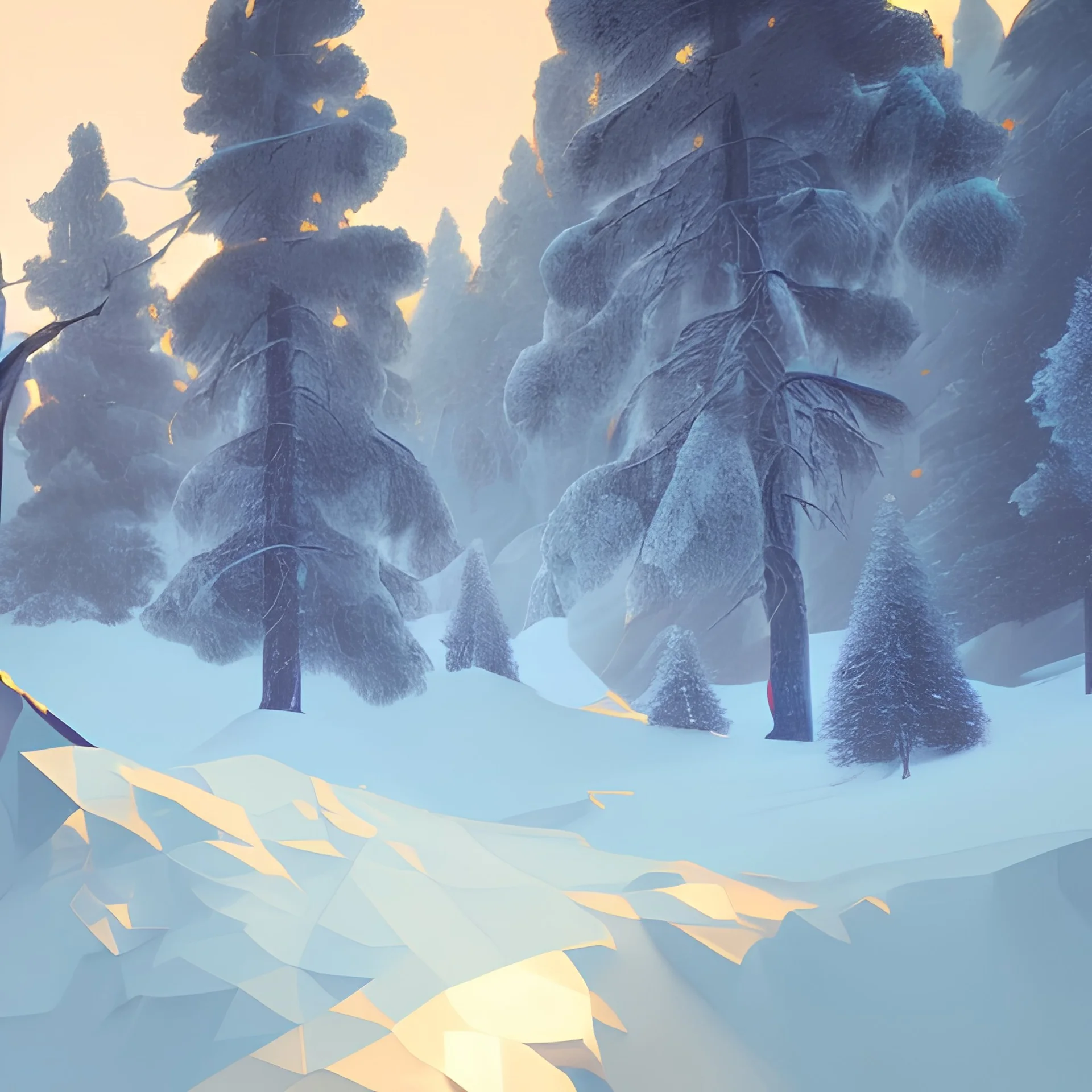 low poly firewatch style of mountain scene with giant trees, god rays, unreal engine 5, cinematic lighting, overcast, pastel color palette