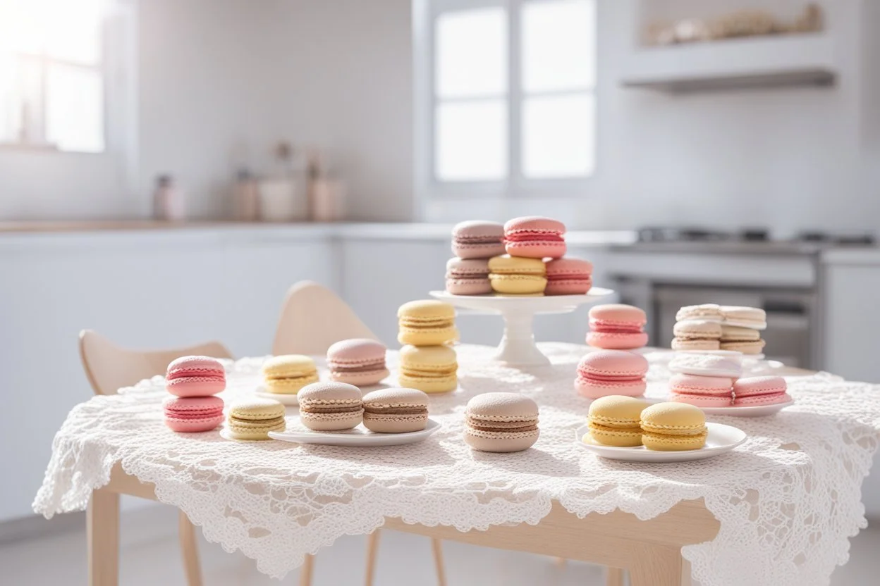 amigurumi desserts, cookies and macarons on lace tablecloth in a modern kitchen in sunshine