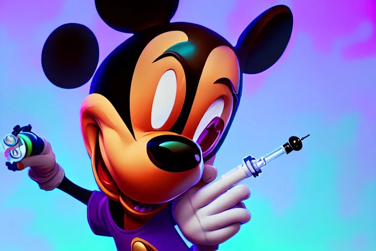 Mickey Mouse getting high with a hallucinating syringe of drugs.