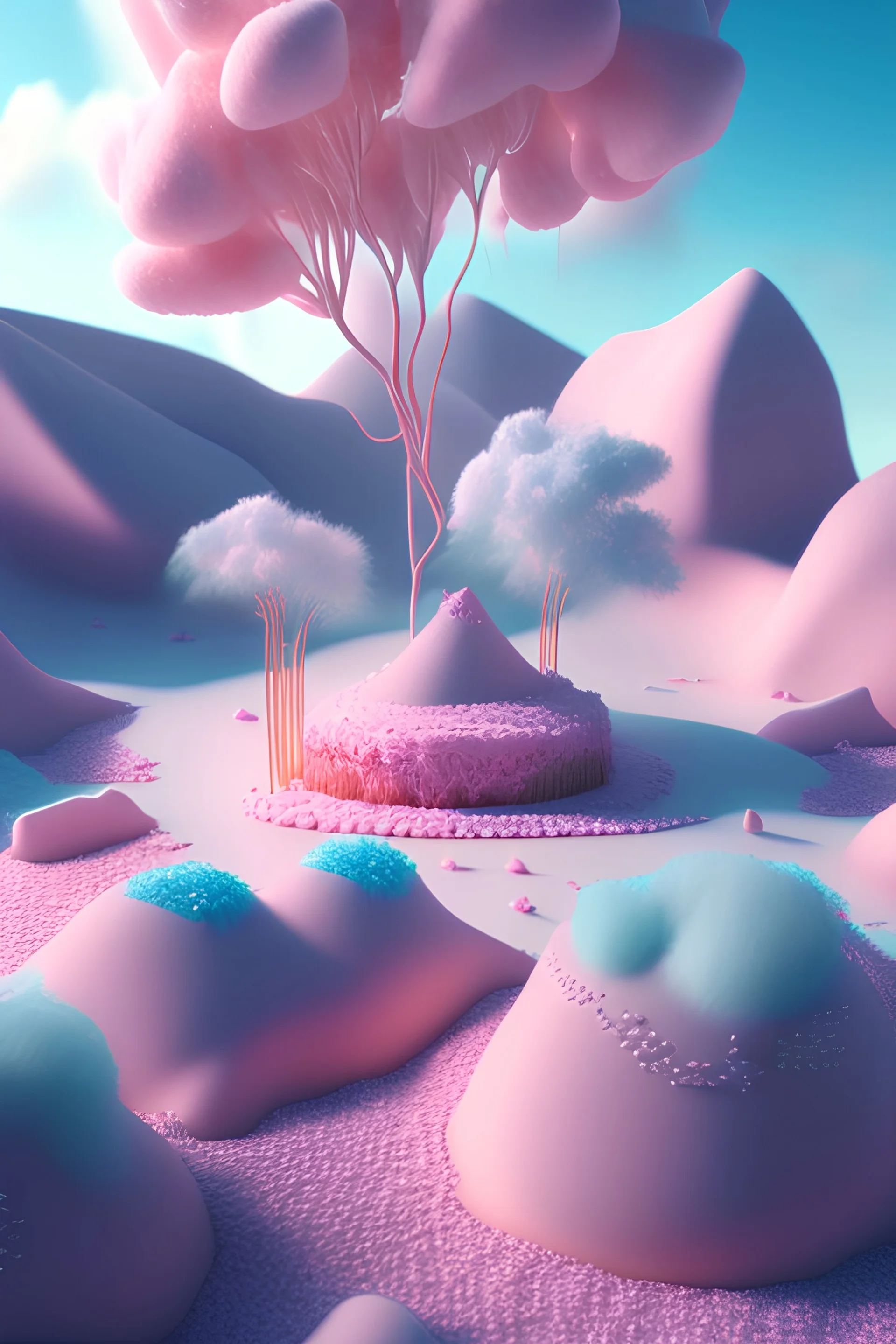 detailed peaceful landscape made of cake frosting, cotton candy, ice cream, strong texture, extreme detail, octane render