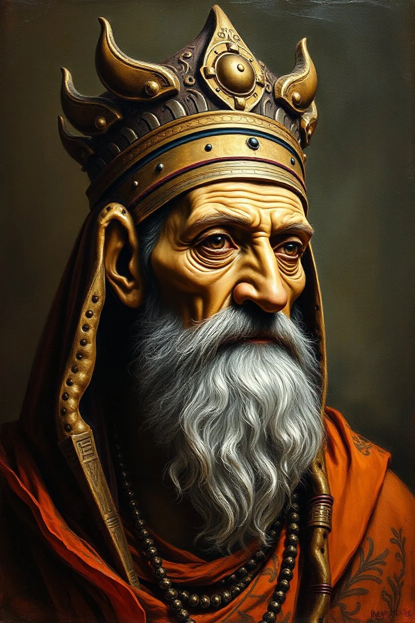master oil painting by Rembrandt, with spray paint and pen outline, realistic rendering Portrait of the Apkallu sage who were sent by the god Ea to teach civilization to humanity before the flood. They were depicted as half-human and half-fish or bird, and were associated with wisdom, magic, and culture.