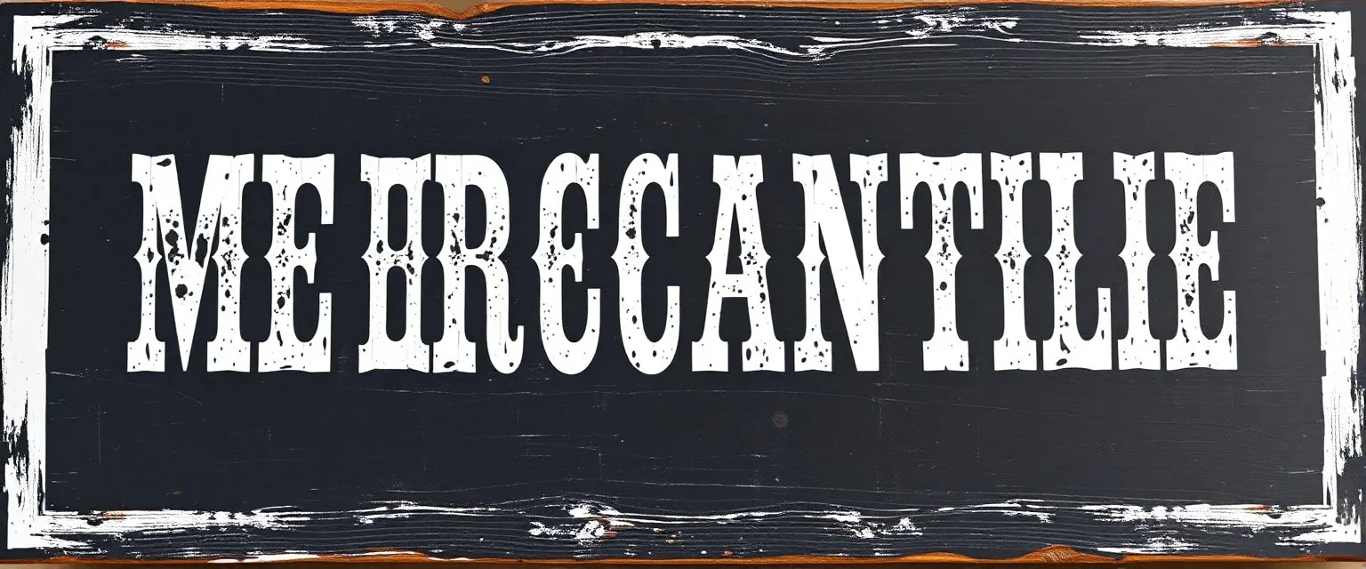 fill composition with large and wide hand painted old western sign that reads: "MERCANTILE" white on black with inset white stripe boarder aged paint on wood sanserif