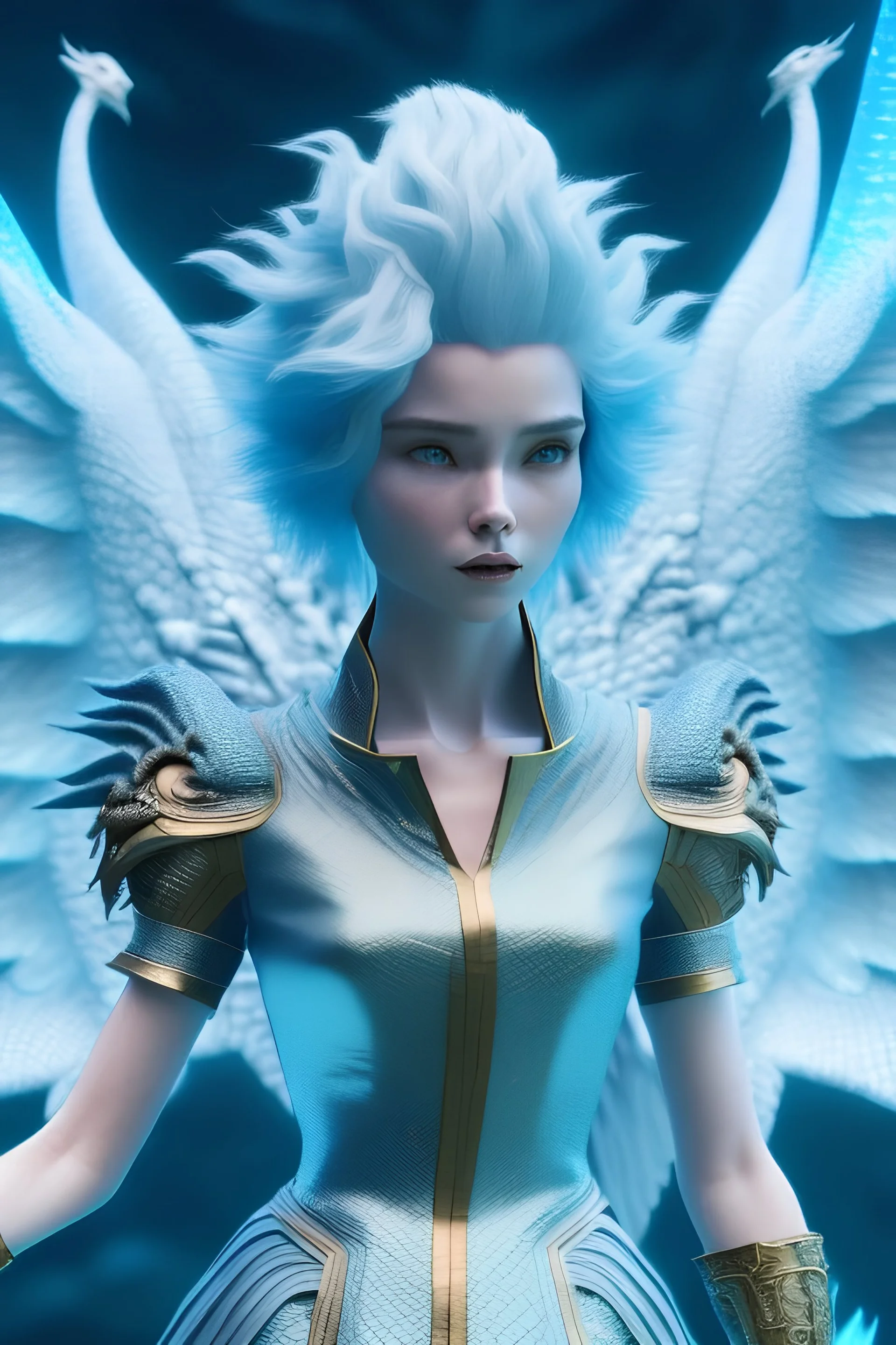 otherworldly women with short icey blue hair and dragon wings wearing only dragon scales,mythical,fantasy , magnificent, majestic, highly intricate, Realistic photography, incredibly detailed, ultra high resolution, 8k, complex 3d render, cinema 4d.