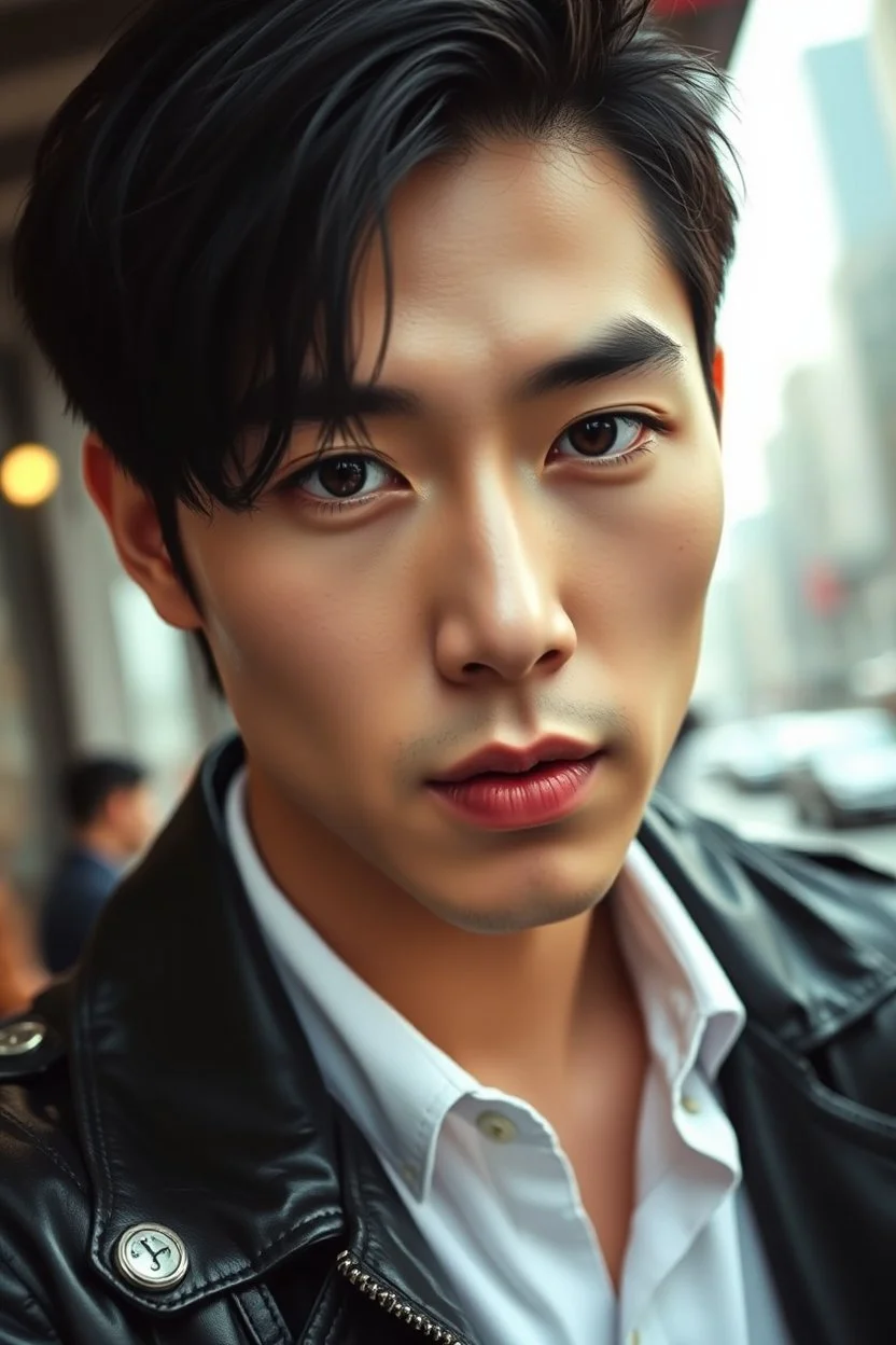 medium close realistic portrait, an handsome 30 years old attraktive korean man with bad boy vibe, medium long dark hair, stunning dark eyes looks suggestively, masculine mouth and chin. sharp focus, high detalied, extrem realistic, black leather coat, or shirt, background in city, perfect photo