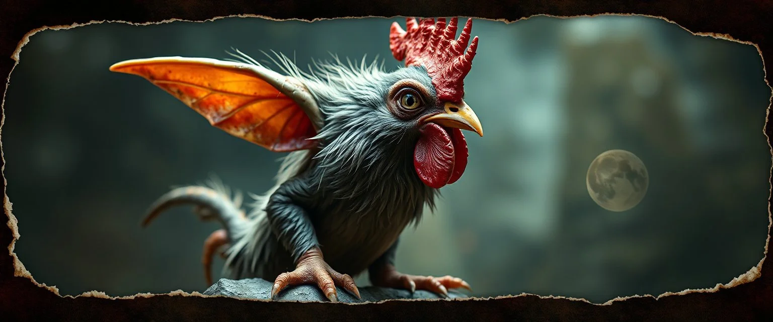 3d airbrush render, elf gremlin dodo punk hen , pinhole cam, airbrush 3d rendering, in the style of Titian and Dali , torn edges on border