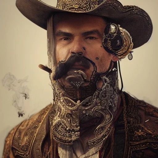 Insanely detailed photograph of an “portrait of a cowboy ” with intricate Sombrero, intricate embroidered charo, mustachioed clear face and hyperdetailed painting by Ismail Inceoglu Huang Guangjian and Dan Witz CGSociety ZBrush Central fantasy art album cover art,8K, hdr, romantic, mysterious, ominous, cigar smoke, jewelry, comfort, natural eyes,naked,tasteful