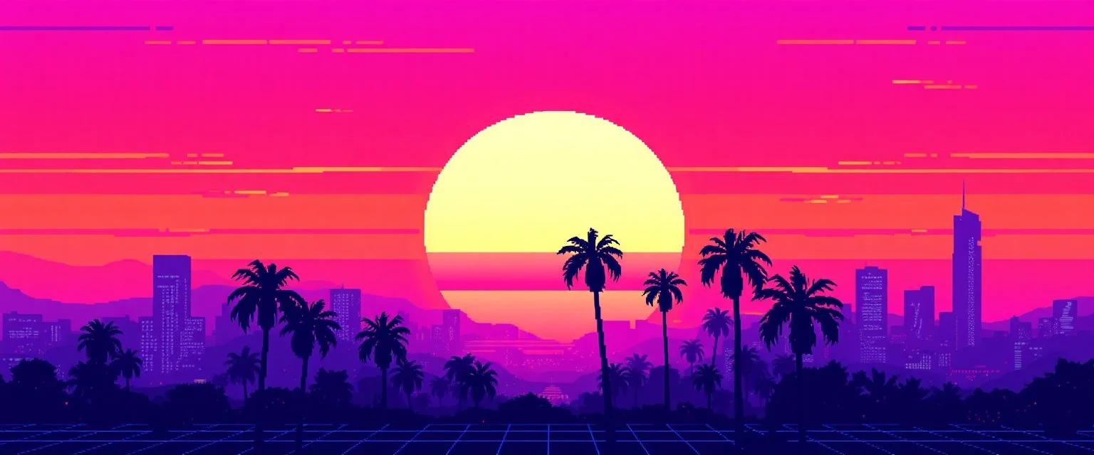 8 bit pixelart of synthwave sun, synthwave color only, palmtrees synthwave, synthwave collored, vaporwave, grid, city skyline,