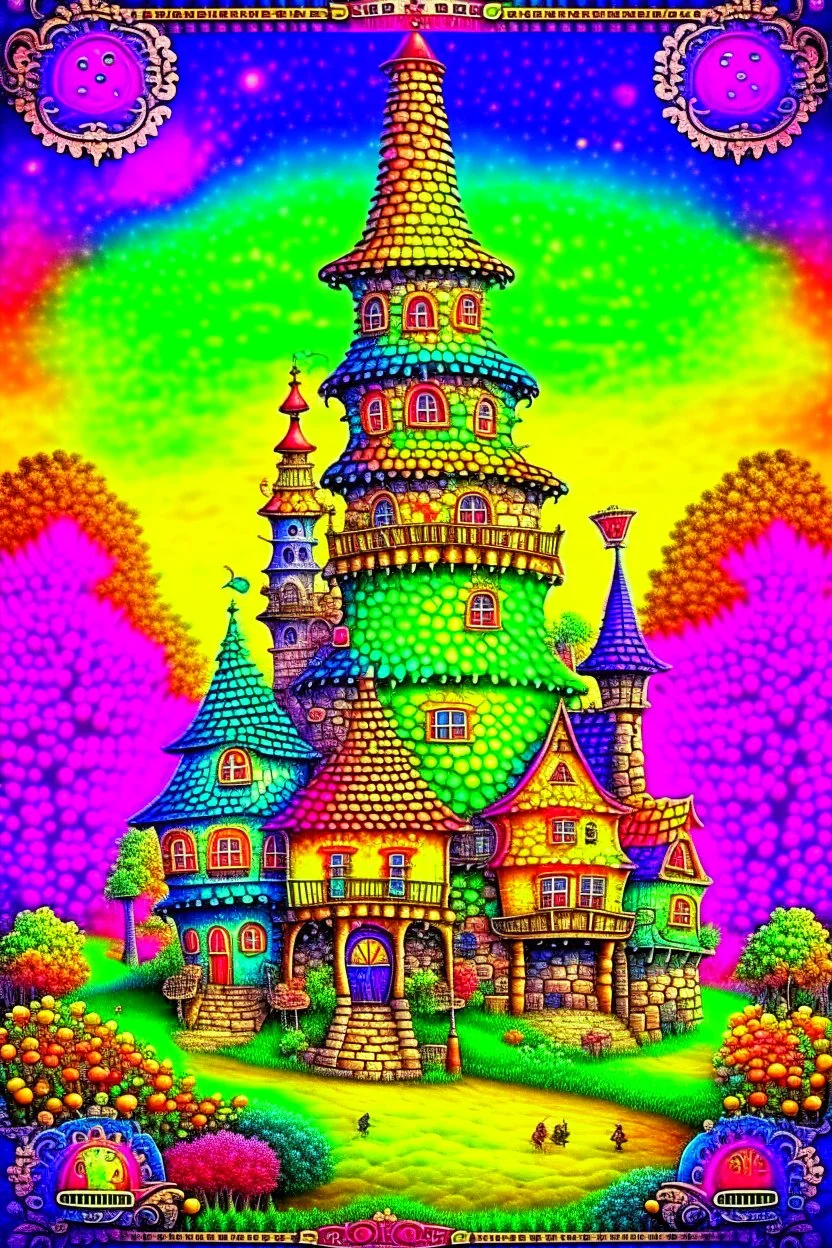 Fantasy art: beautiful colorful vivid fairy tower in a middle of a small cute village, with many small houses