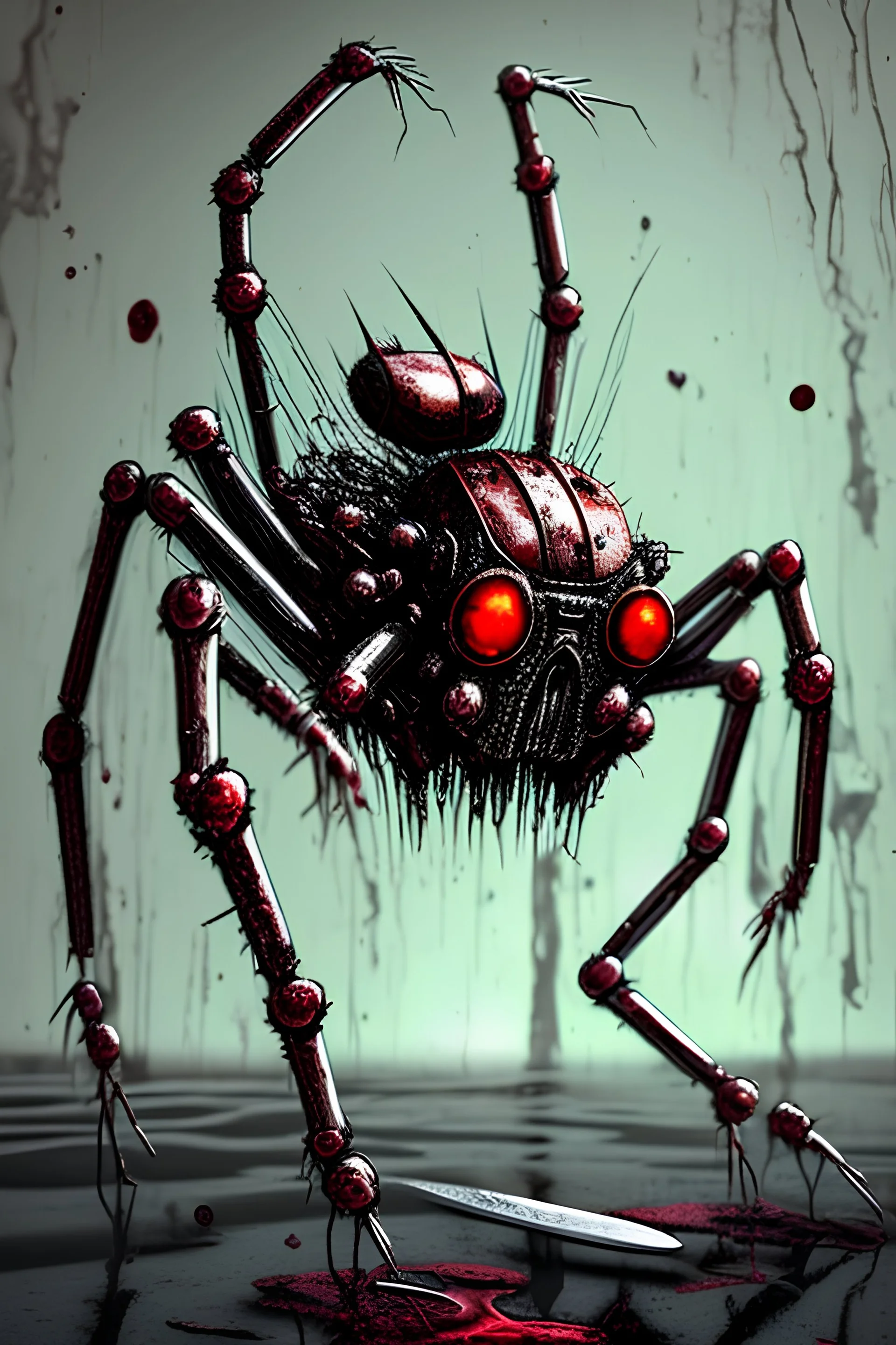A rusty and bloody silver mechanical spider whose legs are made of knives and scissor blades walking across a pool of blood on a black marble floor