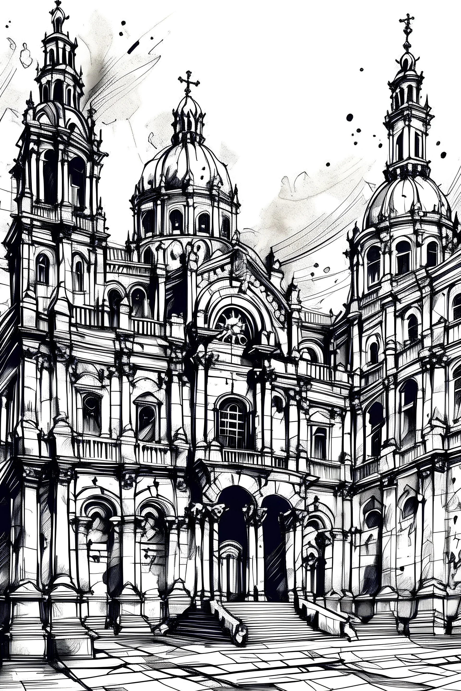 Santiago de Compostela cathedral, famous architectural landmark in Spain. Old building of Spanish catholic church in ink splot