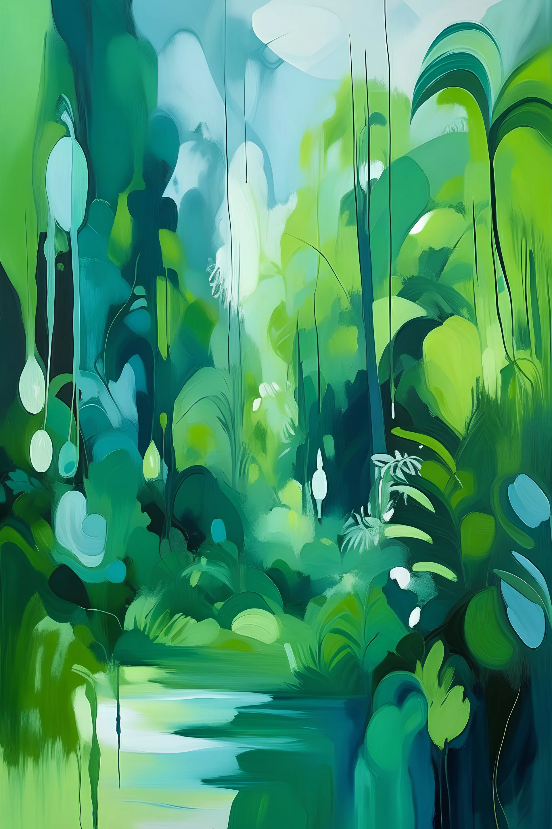 is an abstract painting that weaves together the lush greenery of the Atlantic rainforest and the coastal beauty in a harmonious visual narrative. The color palette in this painting combines the vibrant greens of the rainforest with the soothing blues and sandy tones of the coast. Fluid and organic shapes intertwine, creating a sense of interconnectedness and balance. The textures vary from smooth brushstrokes to more pronounced impasto techniques, representing the diversity of natural elements.