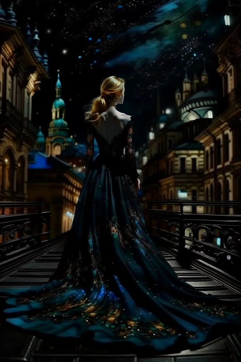 Under a starry umbrella and cityscape long dress, she’s the queen of the night, dark deep colours, atmospheric, weird, crepy stunning