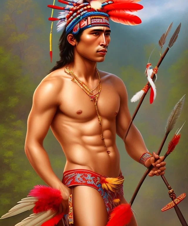 Guaicaipuro, native american god warrior, red feathers headdress, shirtless, holding a stone tip spear