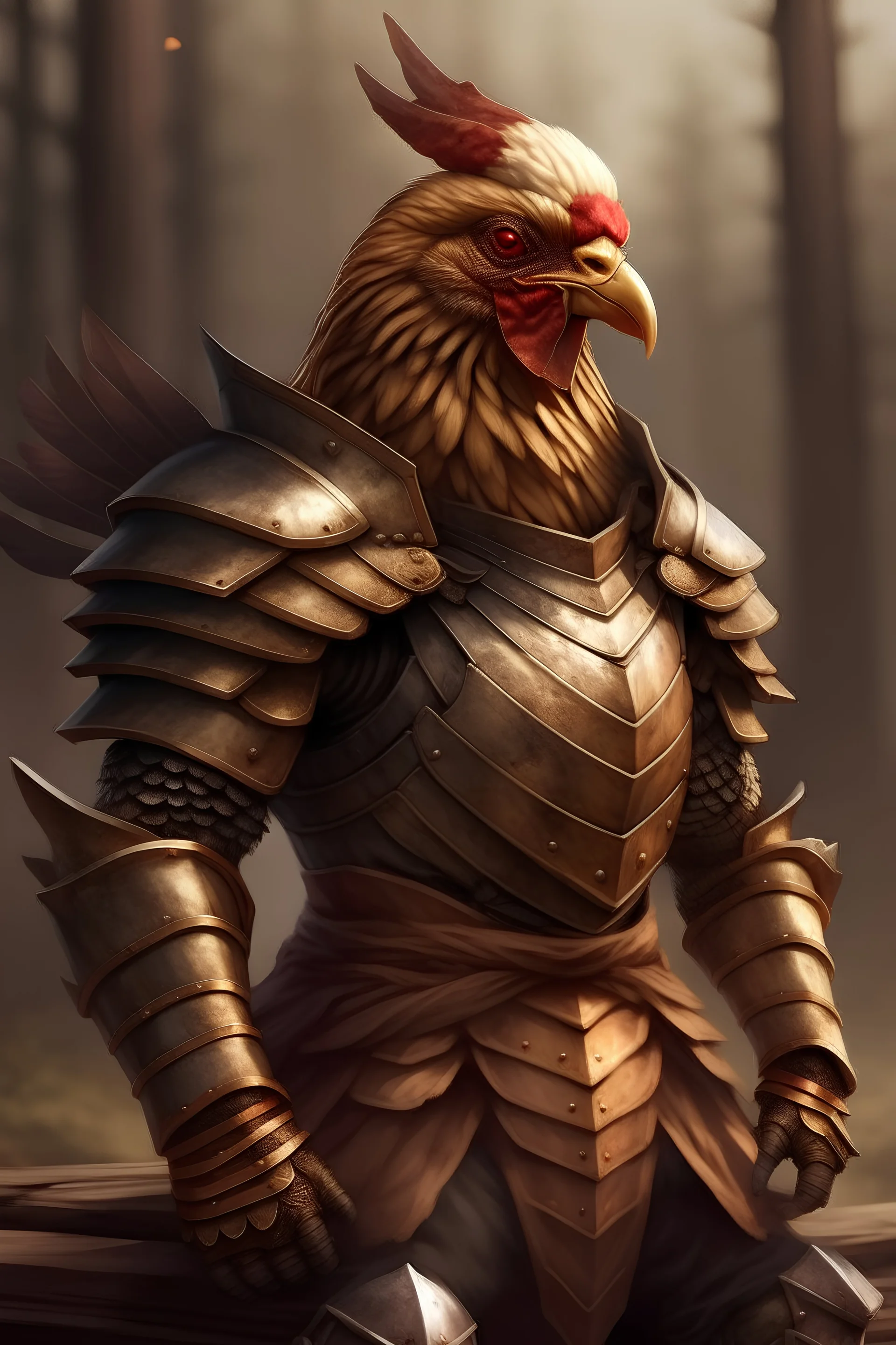 An anthropomorphic chicken knight, wearing armor made of wooden planks, digital art, realistic, fantasy