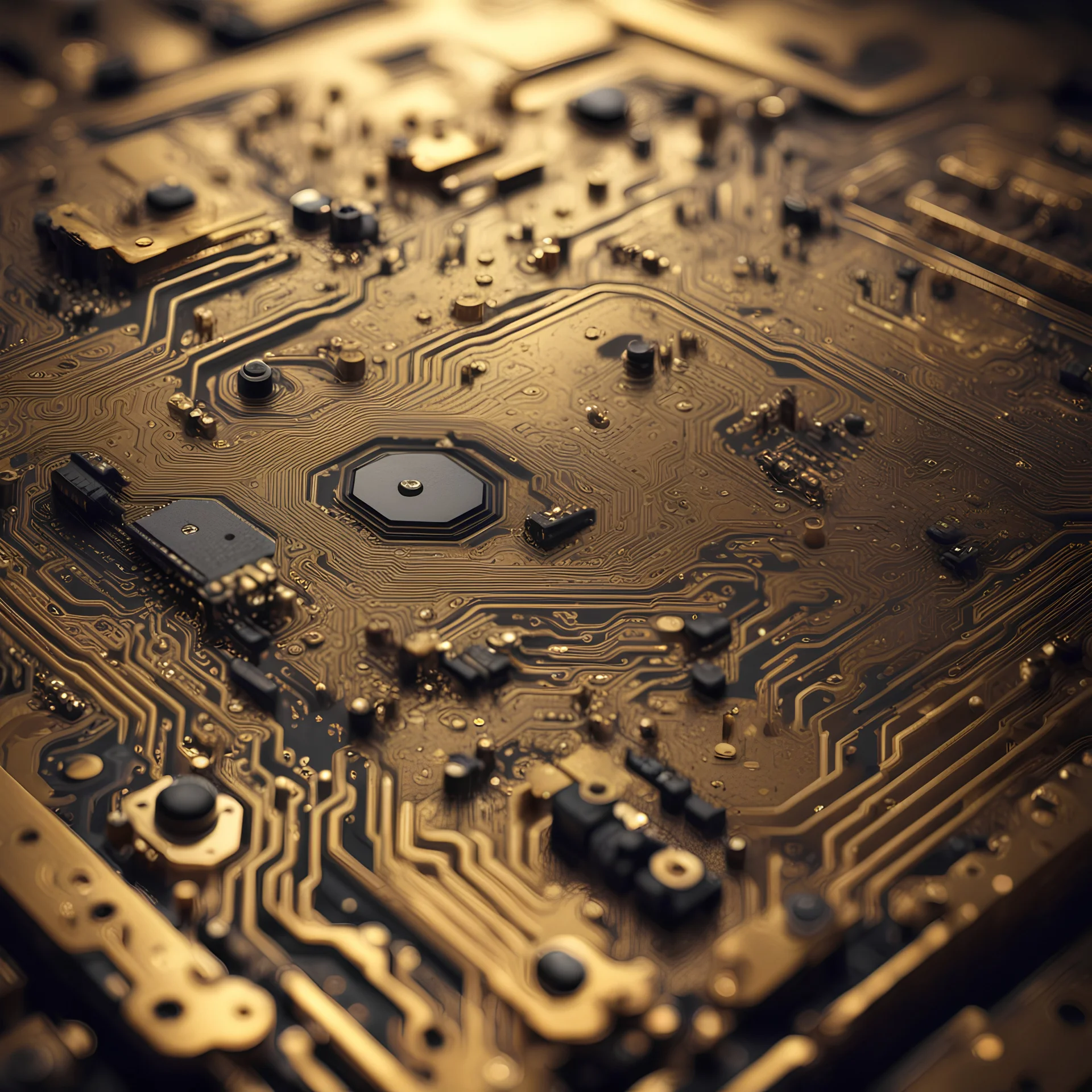 Hyper Realistic Grungy-Golden-Circuit-Board-Background with a proper depth-of-field