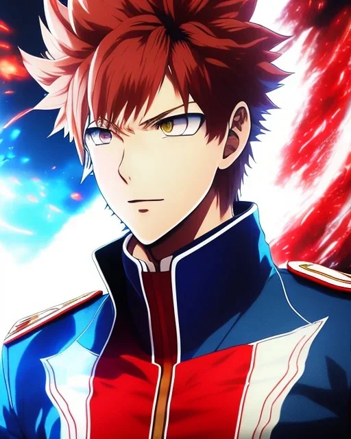 Detailed anime portrait of shoto from my hero academia, red and white hair split down the middle, blue suit, intricate details, full body portrait, keep head in frame, slight smile, black Japanese motif, concept art, highly detailed, digital painting, concept art, sharp focus, illustration, art by Yoji Shinkawa, WLOP and greg rutkowski and alphonse mucha and artgerm and yanjun Chen and Junji ito and Makoto Shinkai, HDR, octane render