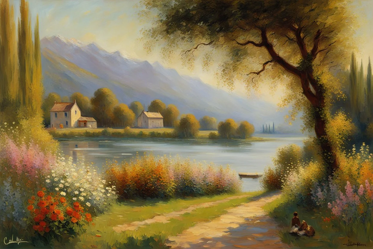 Sunny day, mountains, river, distant house, flowers, trees, claude monet and charles leickert impressionism paintings