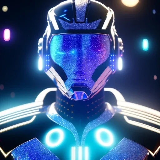 Handsome galactic man, glitter blue and white tron suit with jewels, blond hair, blue eyes, cinematic lights, full details, hight quality, unreal engine 5, 4k, cosmic stars background