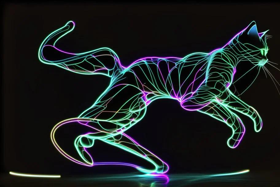 black background, outlines of a full-figure jumping holographic cat, drawn from thin neon-coloured glowing lines