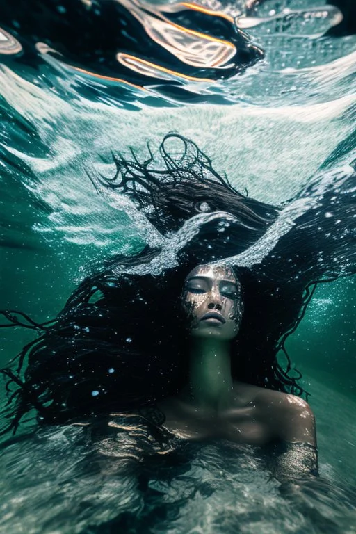 a beautiful woman, long curly black hair,closed eyes,coming from beneath the water,braking the surface with her face just coming out the water,looking up symbolism for breaking free. realistic,8k quality, action close shot from areal view,highly detailed , chaos 80