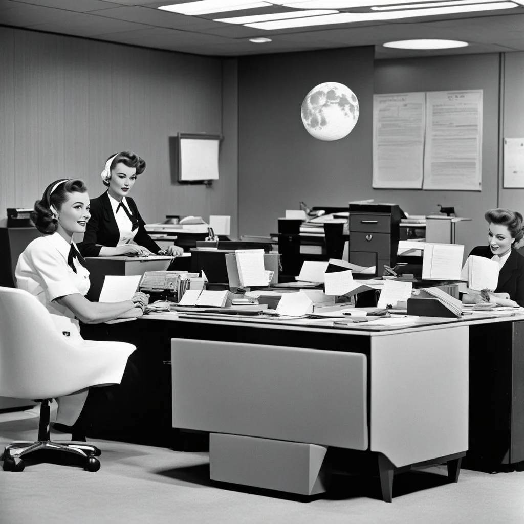 1950s office secretaries working in an office on the moon