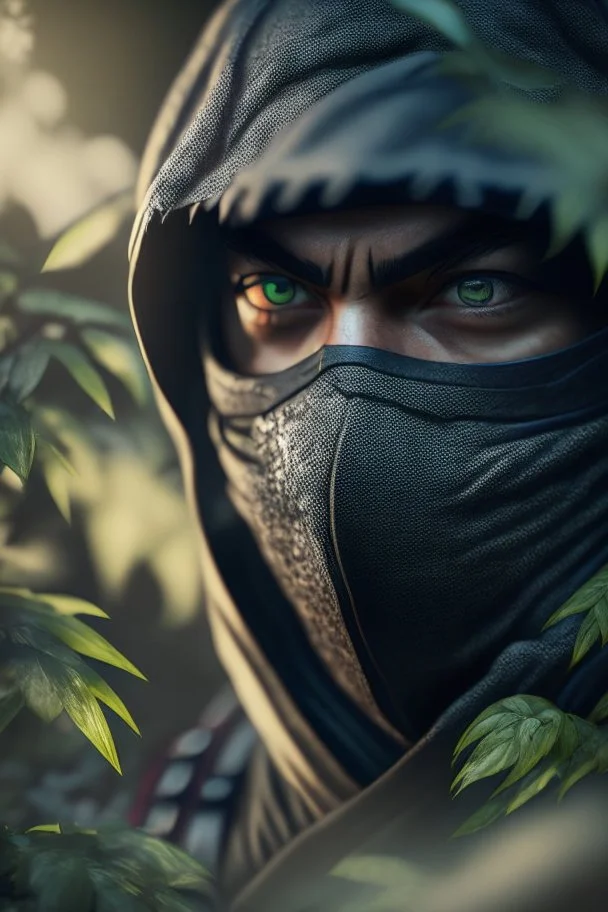 ninja portrait in garden, hi detail, 4k, clear focus, depth of field, color correction, studio quality, backlight