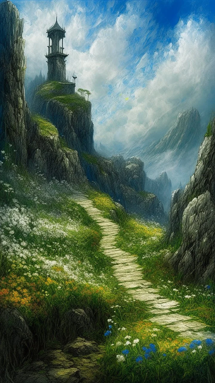 narrow stone path above the ground gradually getting higher into the clouds no railings, dangerous drop people in black leathers medievil period weather is wet spiraling into the clouds fantasy, a waterfall in the background