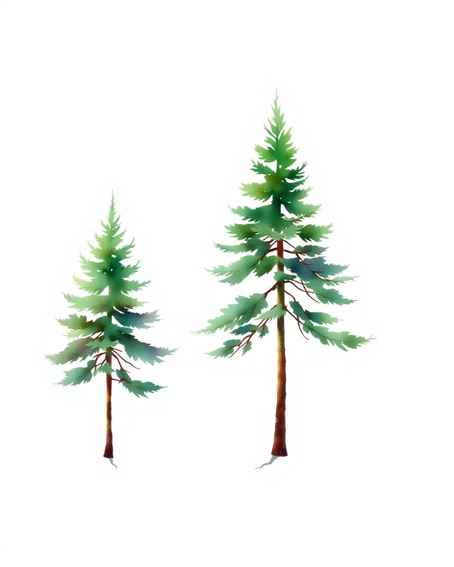 2 isolated spruce/pine trees with ground shadow, stylized graphic with watercolor