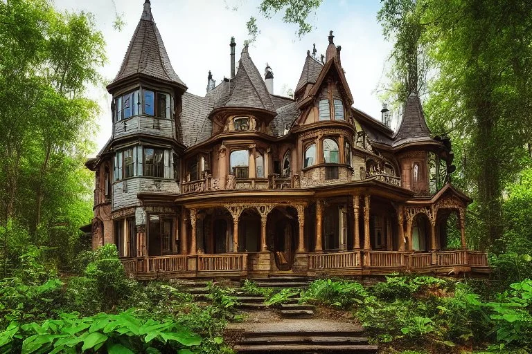 fantasy victorian house surrounded by forest