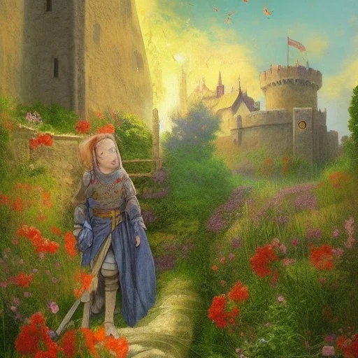  Castle into sky, with flowers of fire. Green clouds and birds. Shy girl going out of the main gate. Detailed painting, sharp color, medieval, intricate detail, far sceen, realistic colors, medieval concept art. spring.