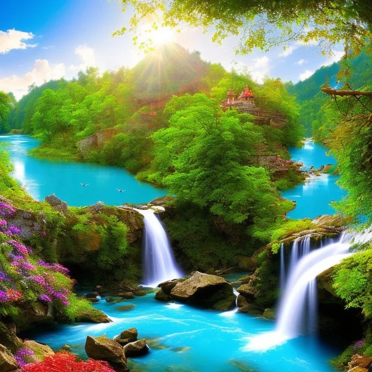 turquoise river, sun, waterfalls, fairy castle