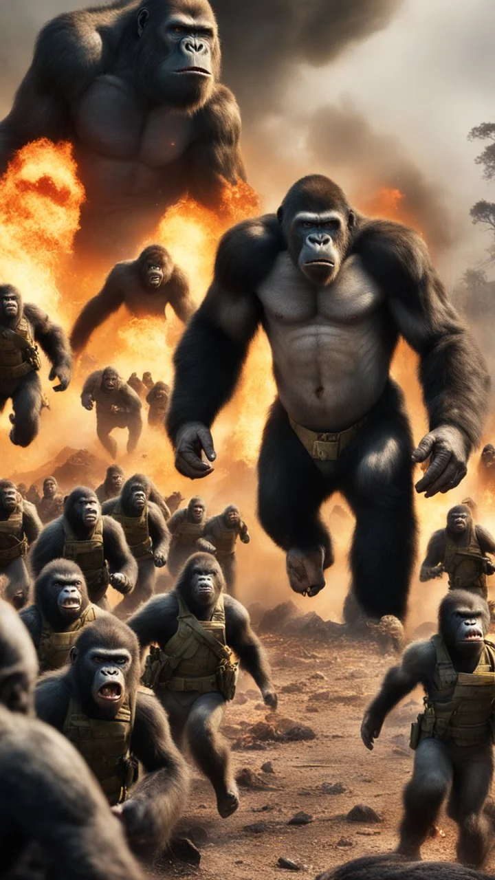 A front view of War of showing thousands of Aliens solders are running away from a distance toward the camera with scary faces and fear from one big gorilla behind them, in the background fires and dead’s and big fights on the ground