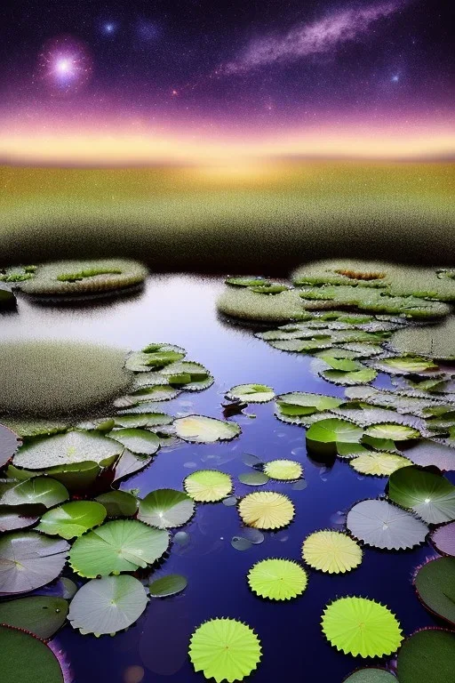 ciel etoilé, petit lac, NÉNUPHAR, mousse sur les rochers