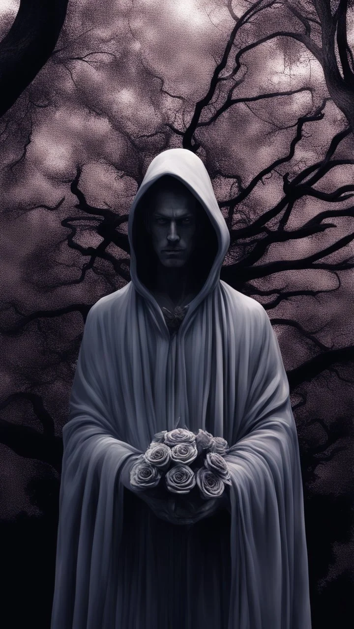 In a mesmerizing and ethereal manner, an otherworldly being emerges in the form of a translucent grey hood statue flowing smoky black robes. He is holding a bouquet of black roses, Forward facing a big tree in the background