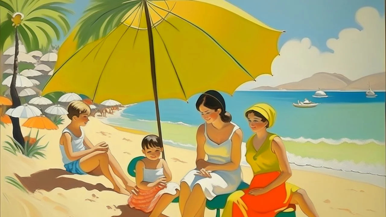 cote d'azur 2 childeren and mother and father on hot beach painting neoclassism 60