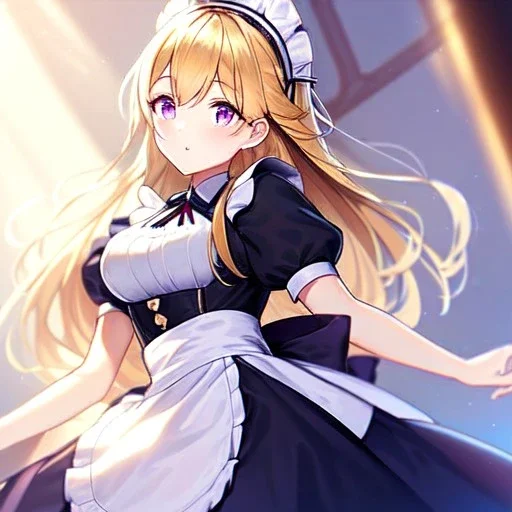 girl, masterpiece, best quality, volumetric lighting, detailed outfit, perfect eyes, golden hair, purple eyes, long hair, looking up, maid,