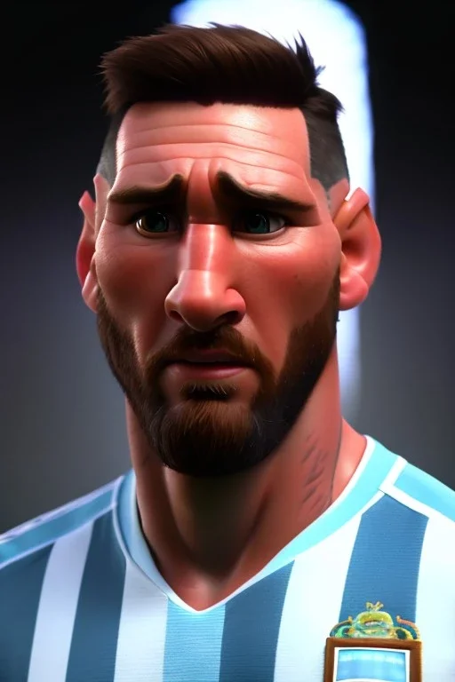 Realistic Messi Argentina soccer player Portrait, mid shot low view, concept art, artstation, 3d, photo studio, clean background, unreal engine 5, ray tracing, RTX, lumen lighting, ultra detail, volumetric lighting.